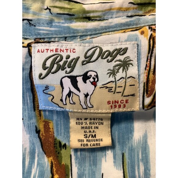 Big Dogs Men Button Up Tropical Shirt Blue Green Small Medium Short Sleeve EUC - Picture 7 of 8